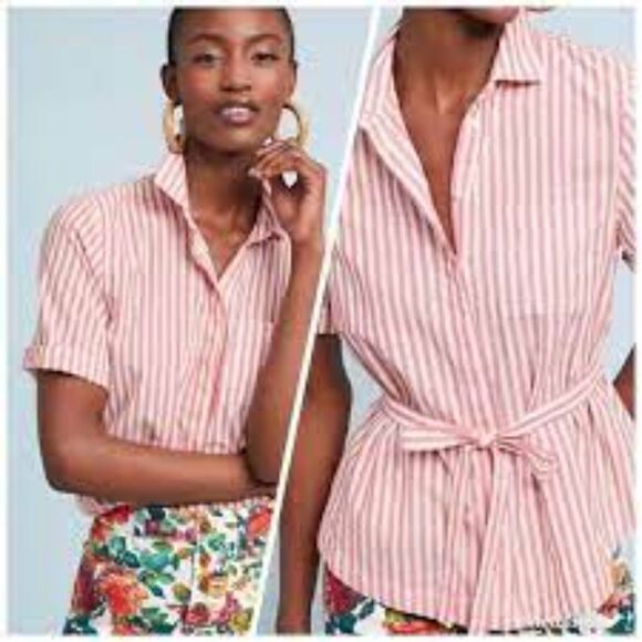 Anthropologie Isabelle Sinclair Wellesley Red White Striped Belted Top Small - Picture 3 of 11